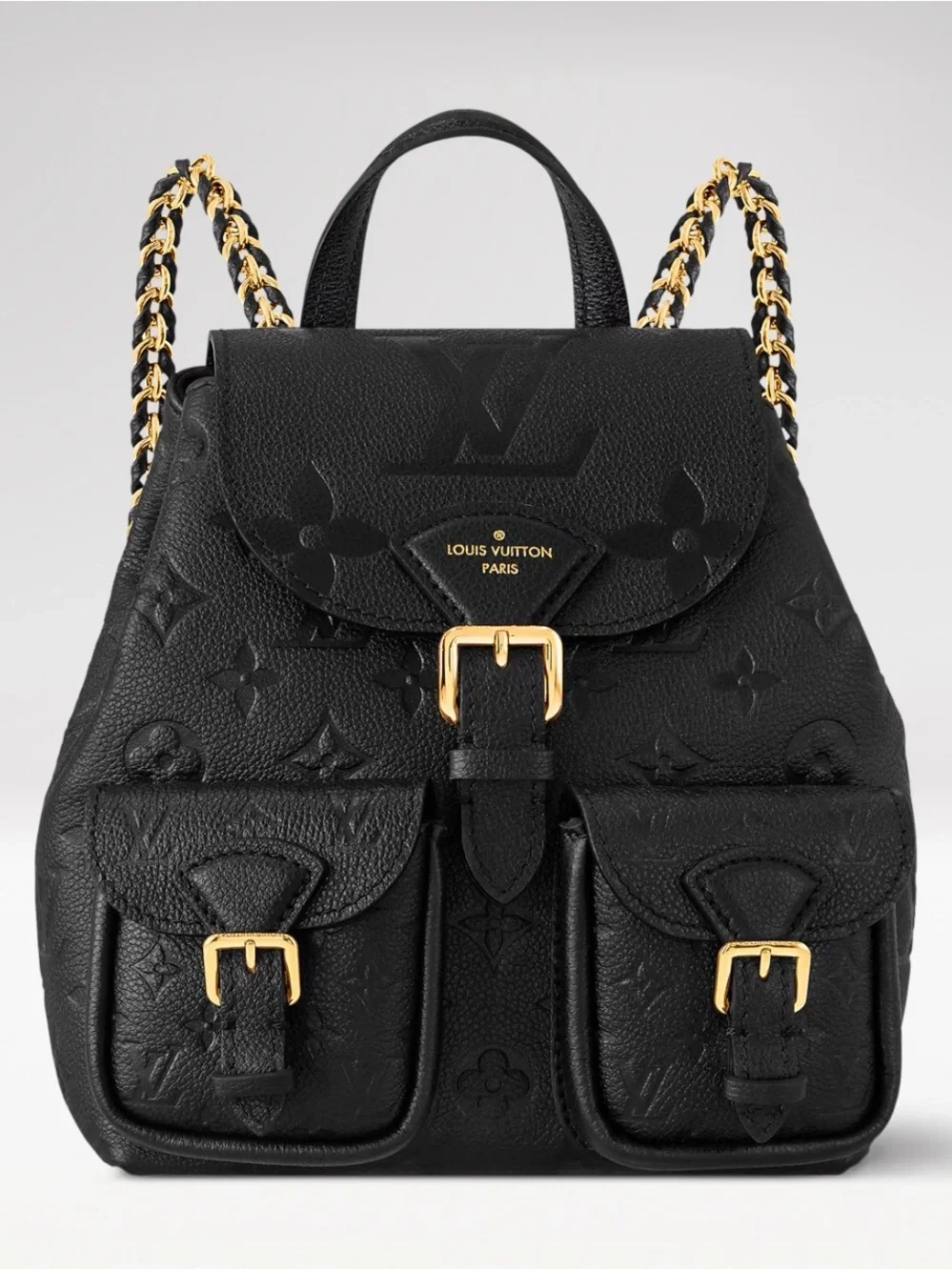 Louis Vuitton Black Monogram Embossed Leather Backpack with Gold Chain Straps